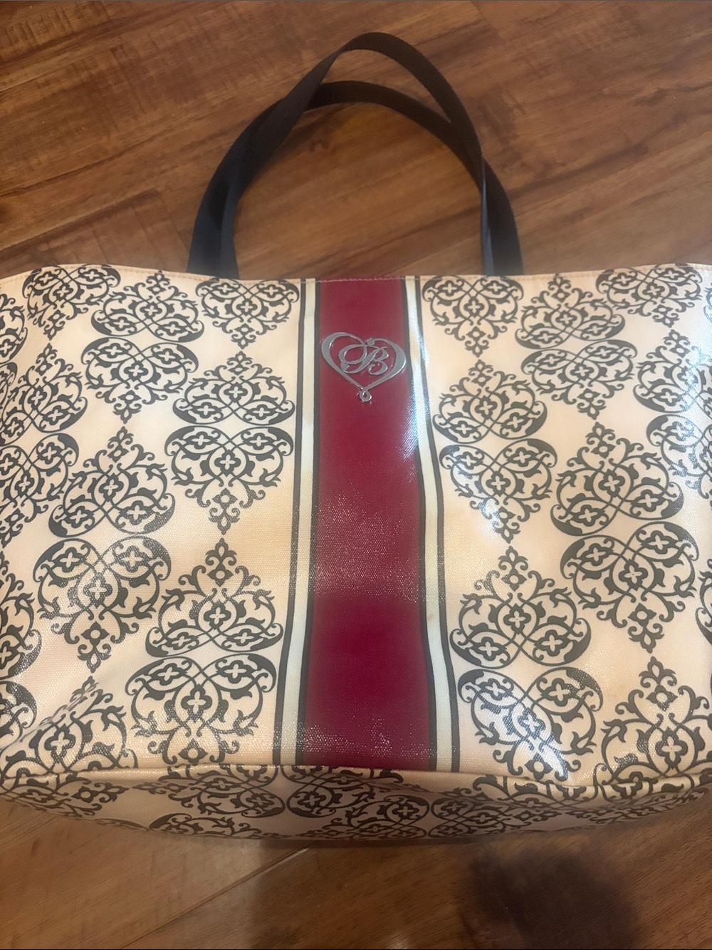 Brighton Cream Tote with Burgundy Center Stripe and Black Handles